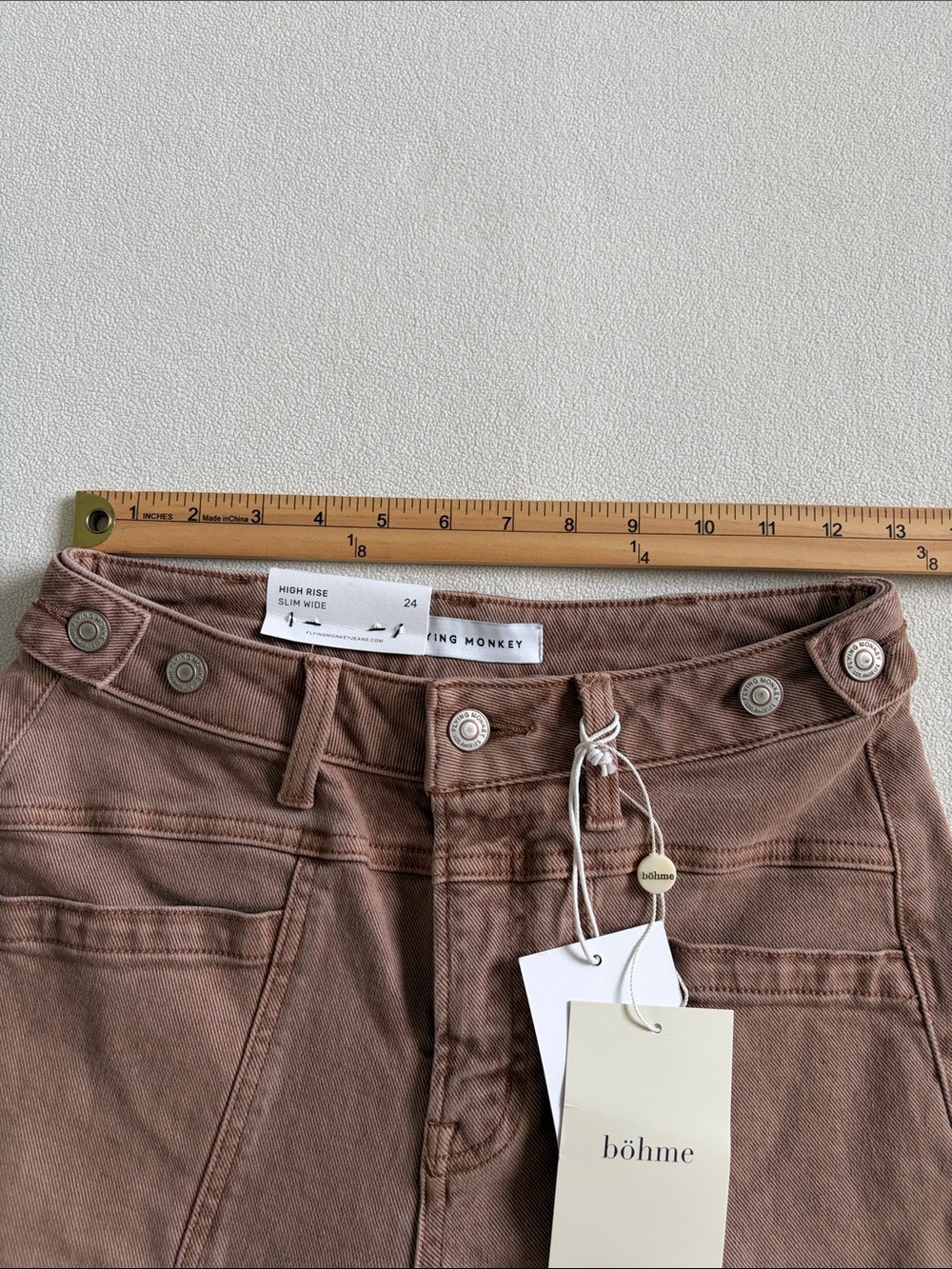 Flying Monkey Warm Taupe High Rise Tab Waistband Slim Wide Leg Jeans - Picture 6 of 11